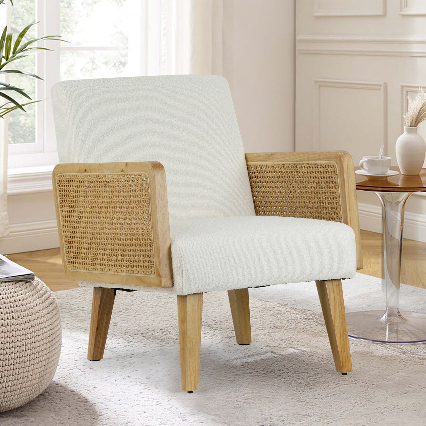 Ayaki White Woven Accent Chair with Rattan Arms