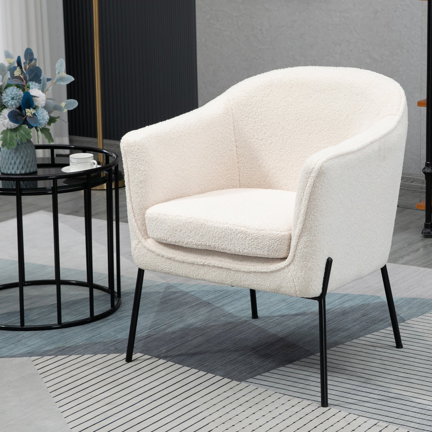 Ayame Beige Boucle Accent Chair with Black Iron Legs