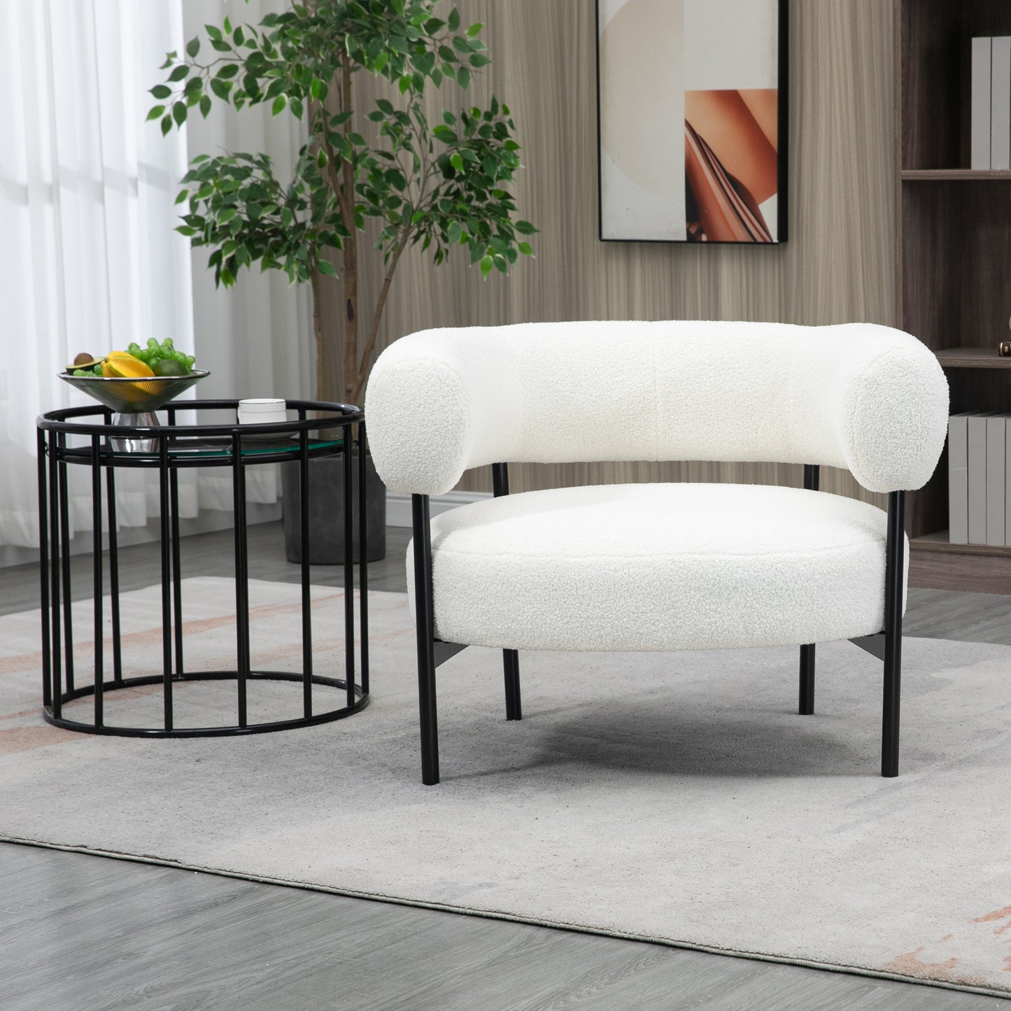 Ayuka White Boucle Fabric Accent Chair with Black Iron Legs