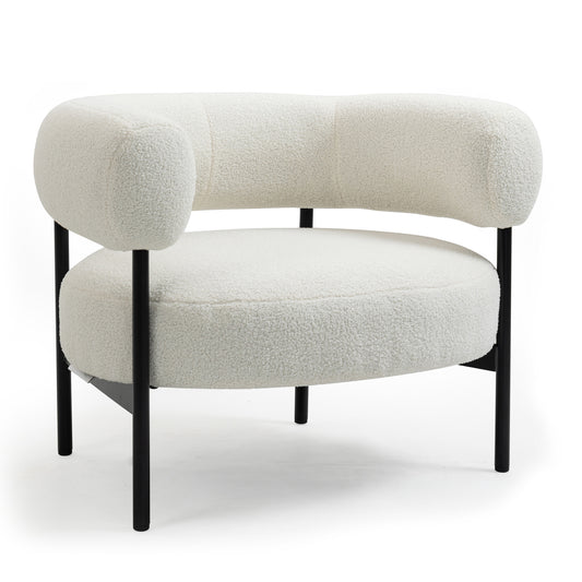 Ayuka White Boucle Fabric Accent Chair with Black Iron Legs