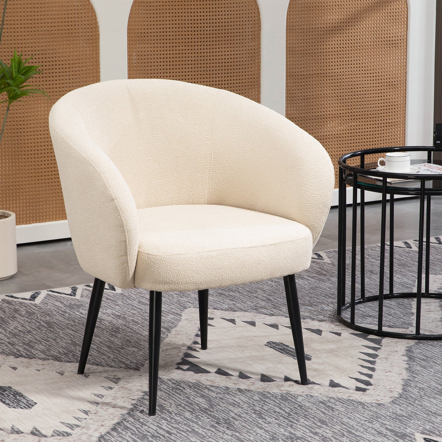 Bayan White Boucle Fabric Accent Chair with Black Iron Legs