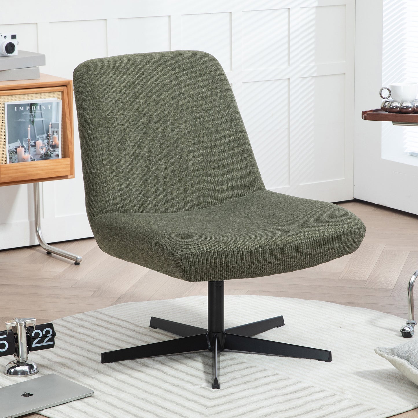 Bayard Green Linen Fabric Accent Chair with Black Swivel Legs
