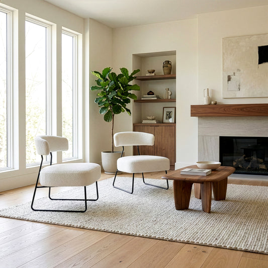 Set of 2 Bell White Boucle Fabric Accent Chairs with Black Iron Legs