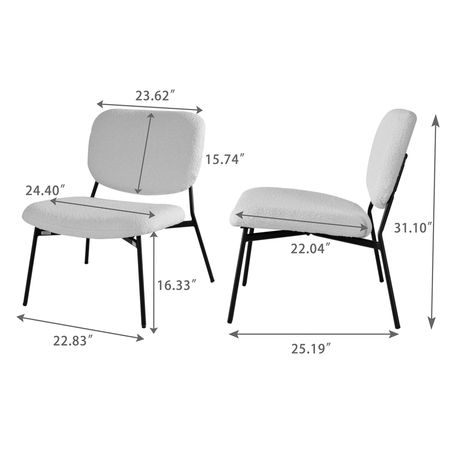 Set of 2 Bellamy White Boucle Fabric Accent Chairs with Black Iron Legs