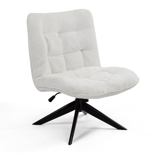 Belva White Boucle Upholstered Fabric Accent Chair with Black Metal Swivel Legs