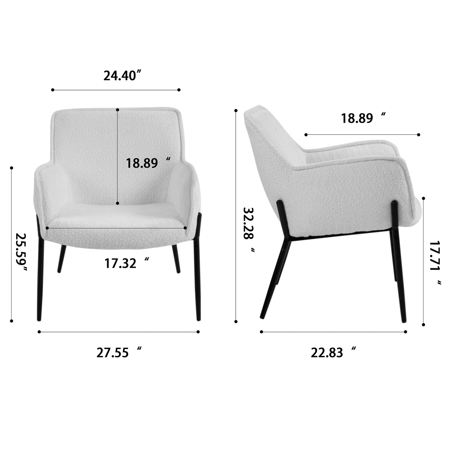 Belvedere White Boucle Upholstered Fabric Accent Chair with Black Iron Legs