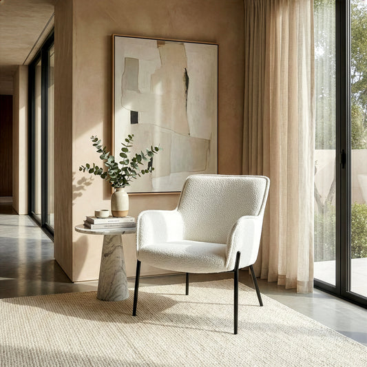 Belvedere White Boucle Upholstered Fabric Accent Chair with Black Iron Legs