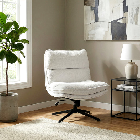 Benecia White Boucle Upholstered Fabric Accent Chair with Black Metal Swivel Legs