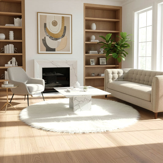 Alair White Round Faux Fur Area Rug 5 Foot Wide