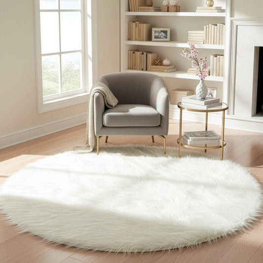 Alair White Round Faux Fur Area Rug 4 Foot Wide