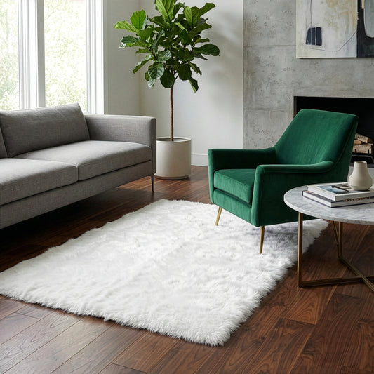 Auriel Faux Sheepskin Fur Area Rug White Rectangular 5x3