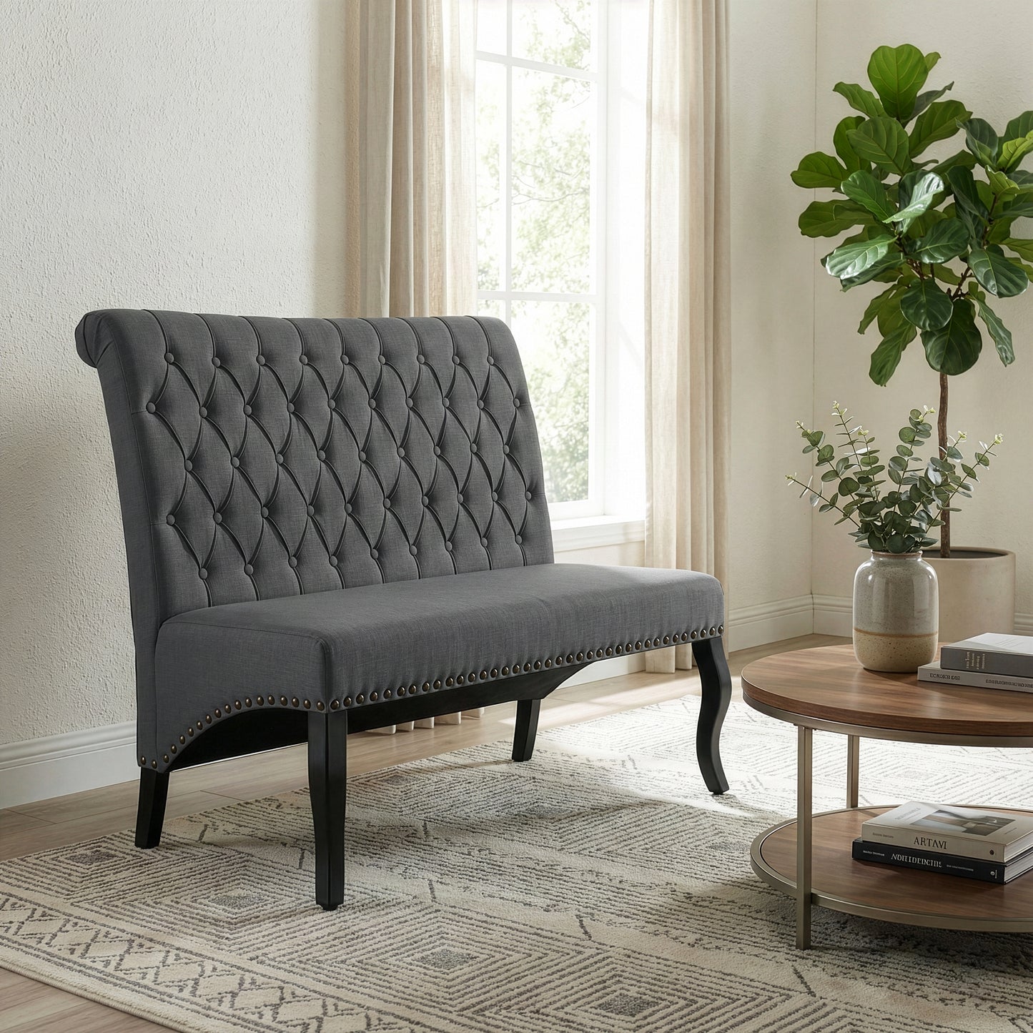 Alisa Grey Upholstered Settee Banquette Bench Loveseat with Button Tufting