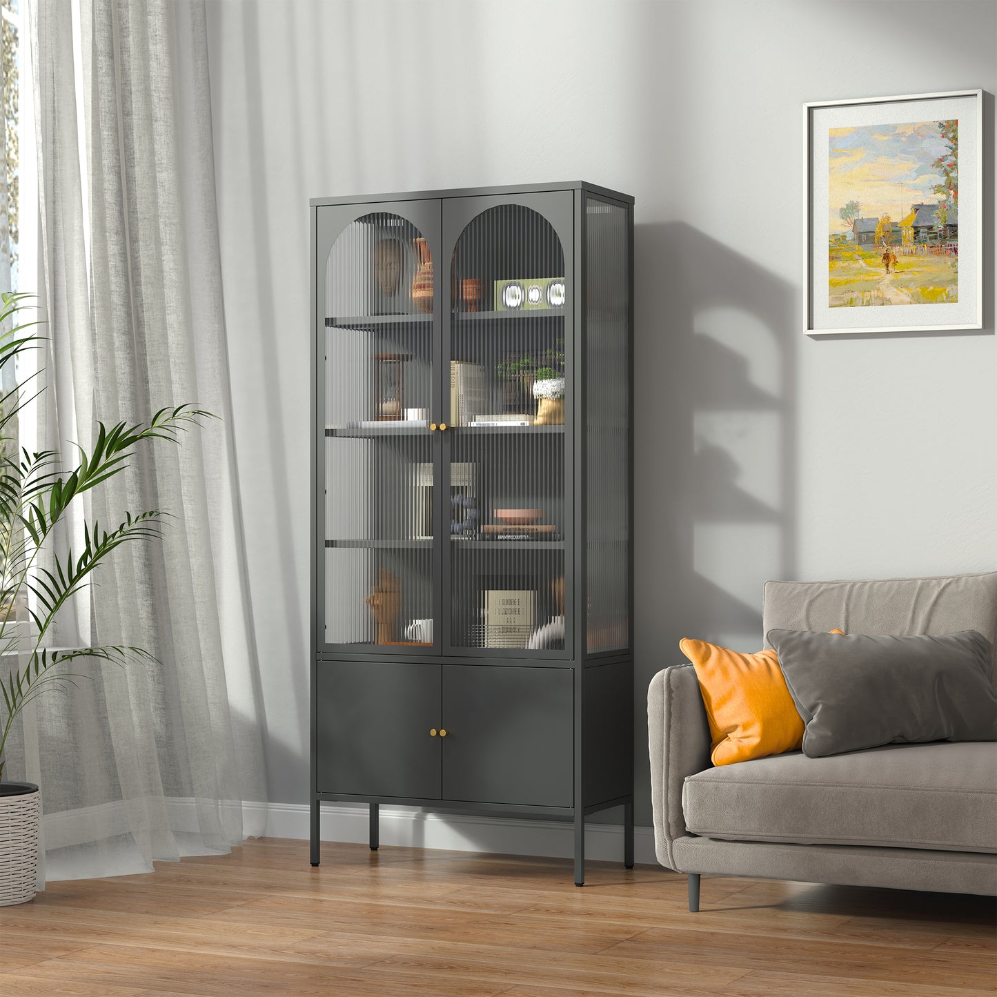 Benton 70.94-inch Black Four Door Storage Cabinet with Fluted Clear Doors