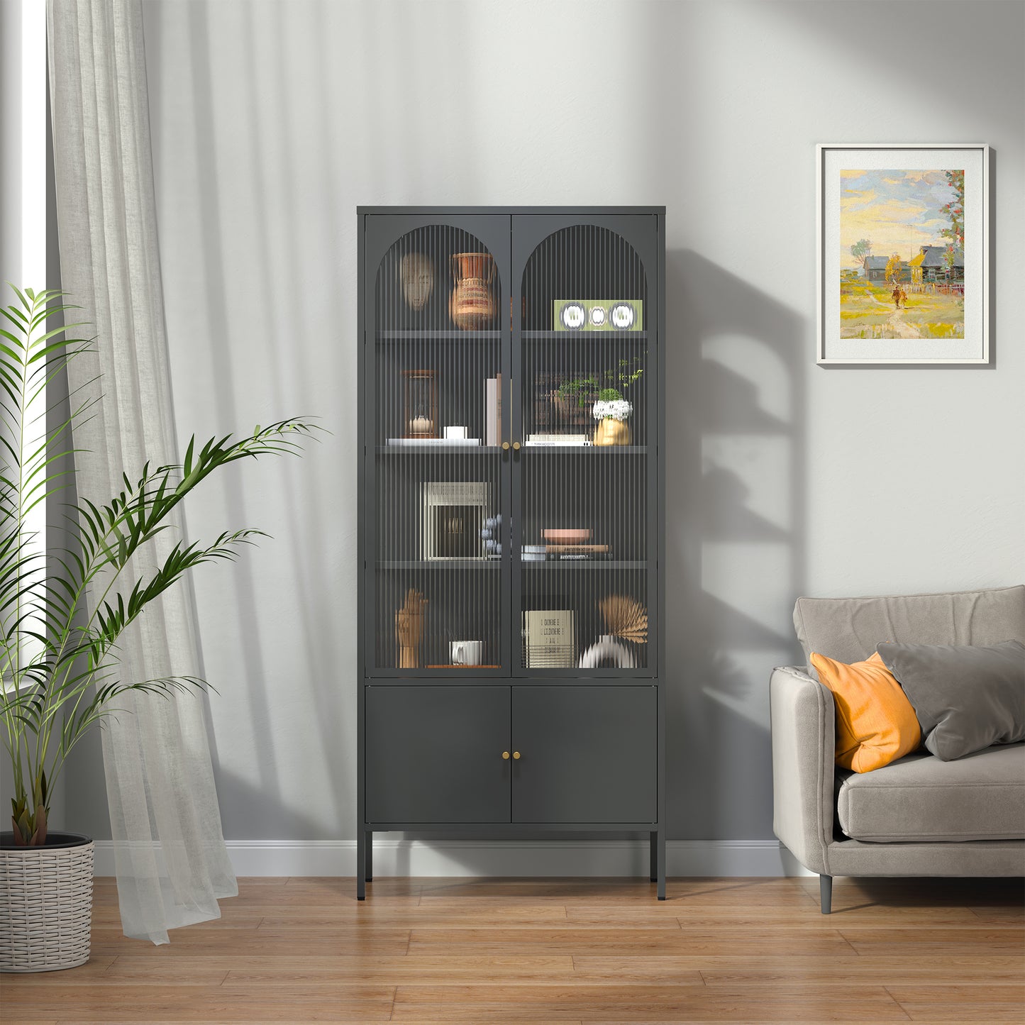 Benton 70.94-inch Black Four Door Storage Cabinet with Fluted Clear Doors