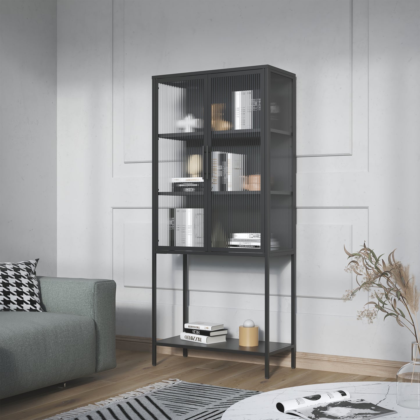 Benvolio 70.87-inch Black Two Door Storage Cabinet with Fluted Clear Doors