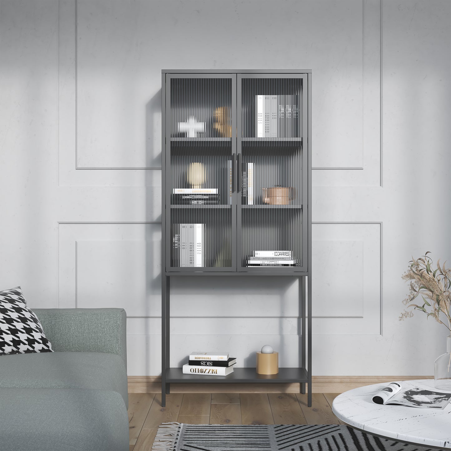 Benvolio 70.87-inch Black Two Door Storage Cabinet with Fluted Clear Doors