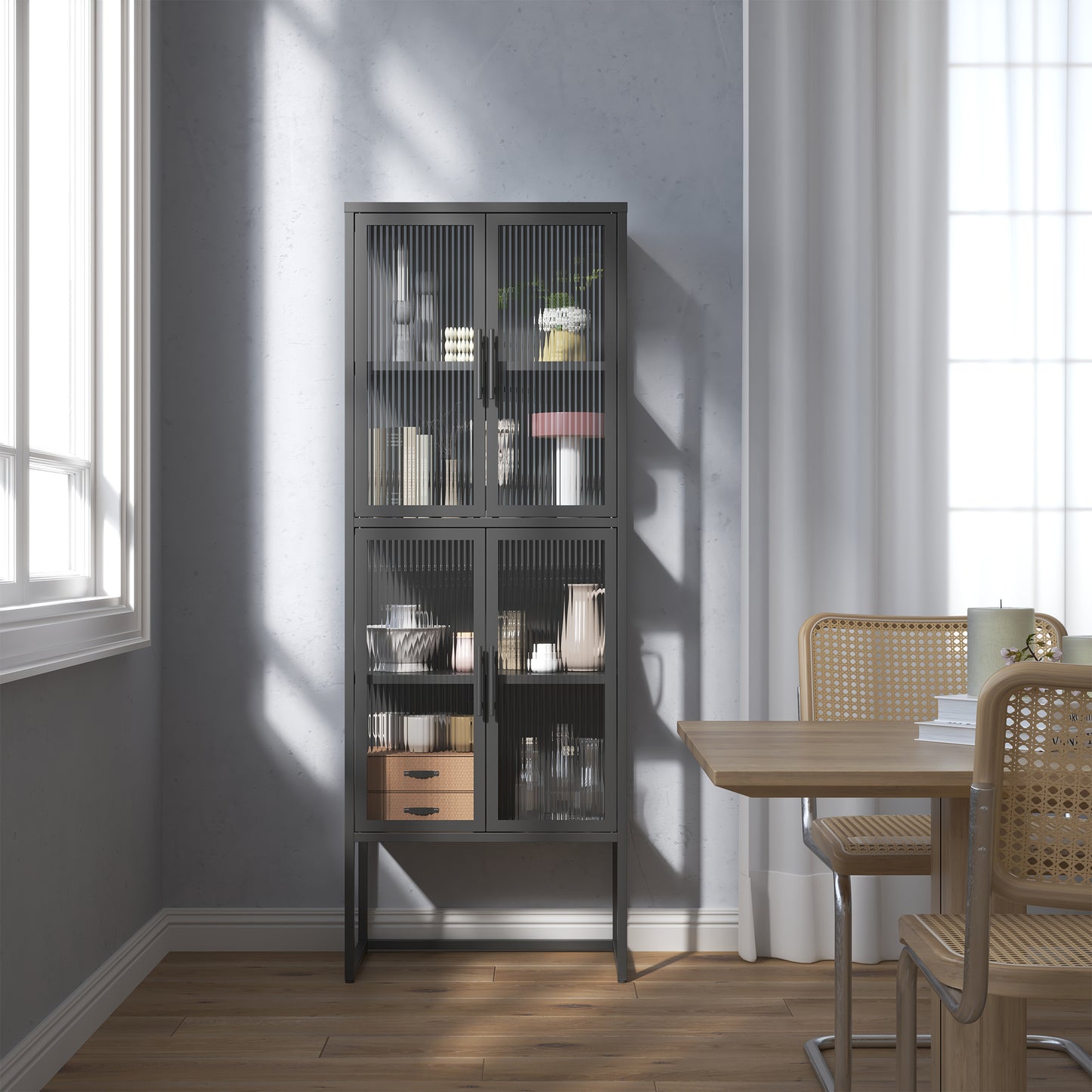 Benvolio 65.35-inch Black Four Door Storage Cabinet with Fluted Clear Doors