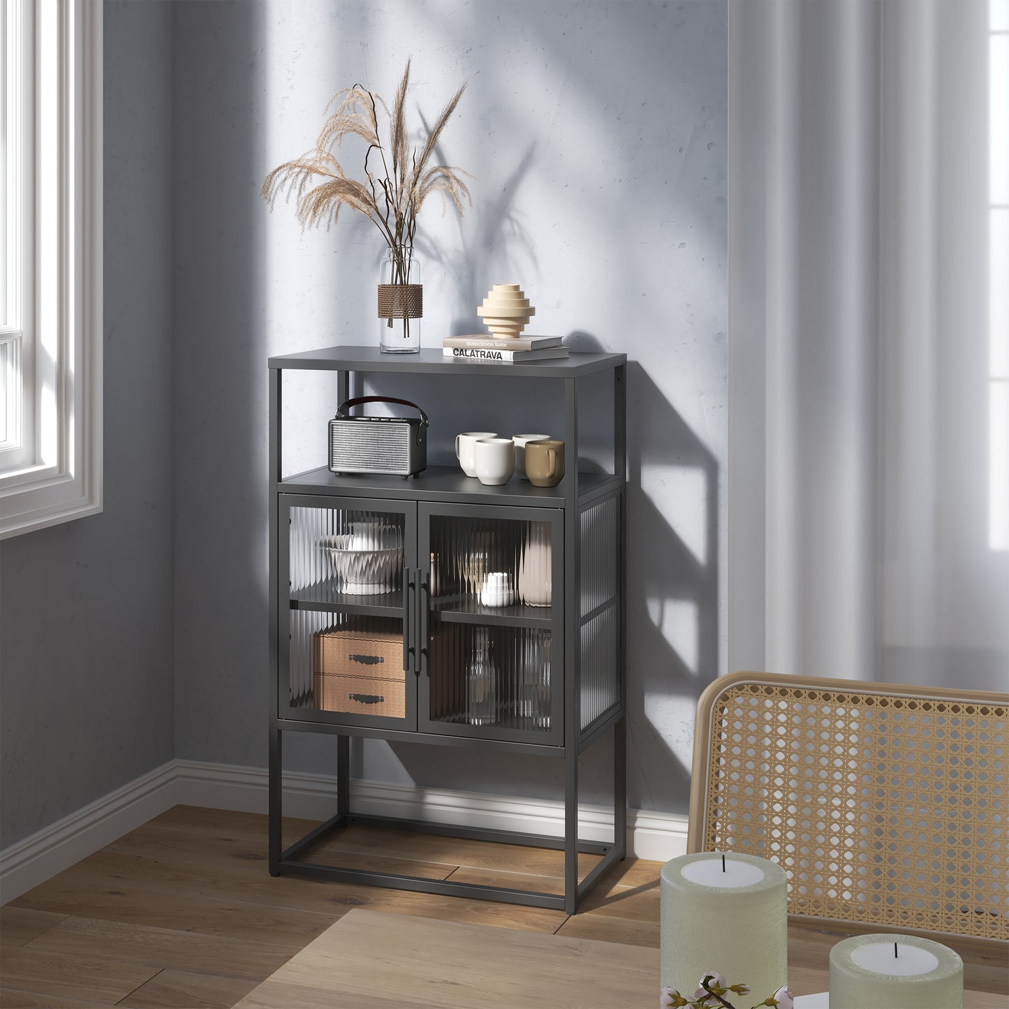 Benvolio 41.34-inch Black Two Door Storage Cabinet with Fluted Clear Doors and Above Cabinet Display