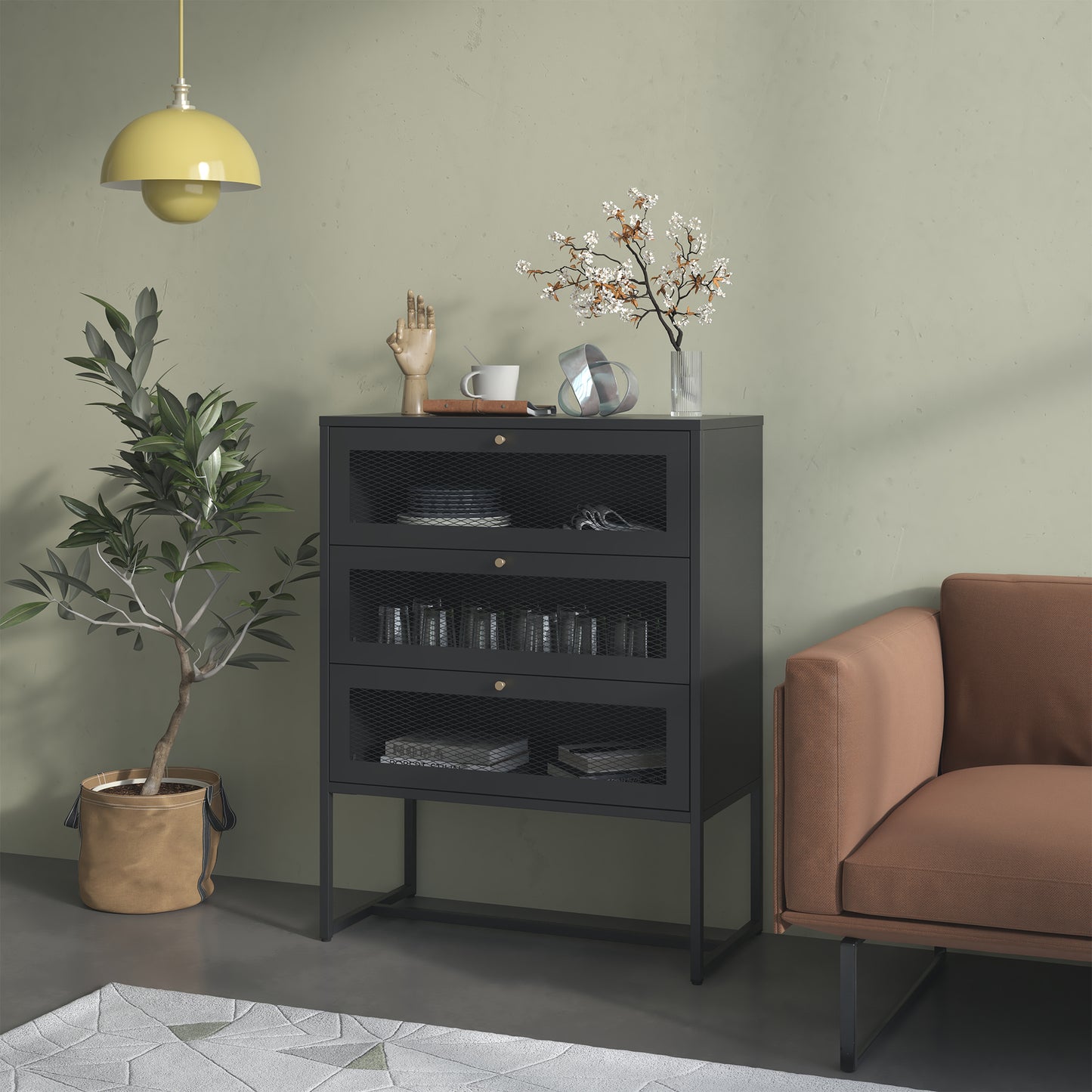 Bentley 41.34-inch Black Three Drawer Cabinet with Mesh Doors