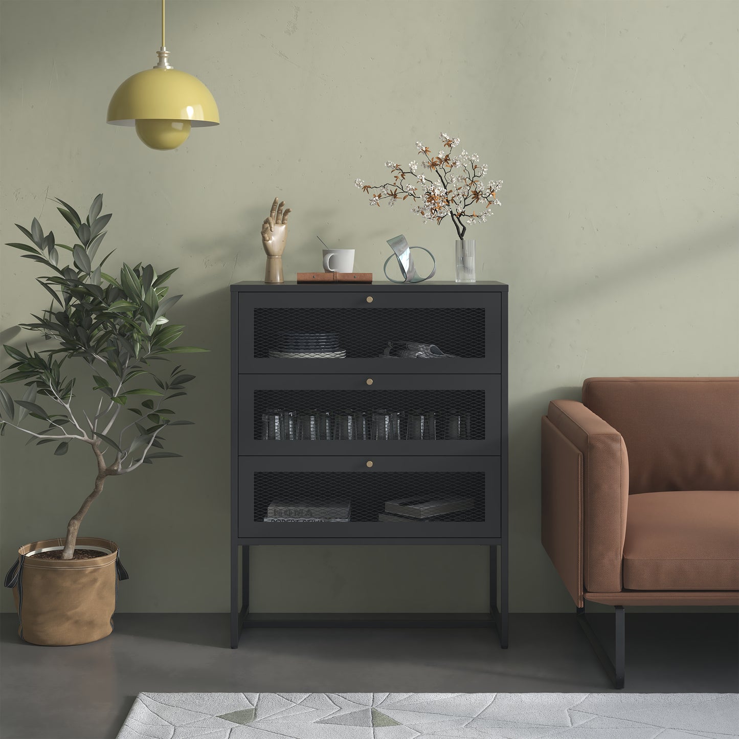 Bentley 41.34-inch Black Three Drawer Cabinet with Mesh Doors