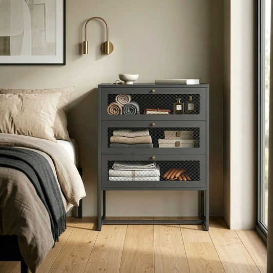 Bentley 41.34-inch Black Three Drawer Cabinet with Mesh Doors