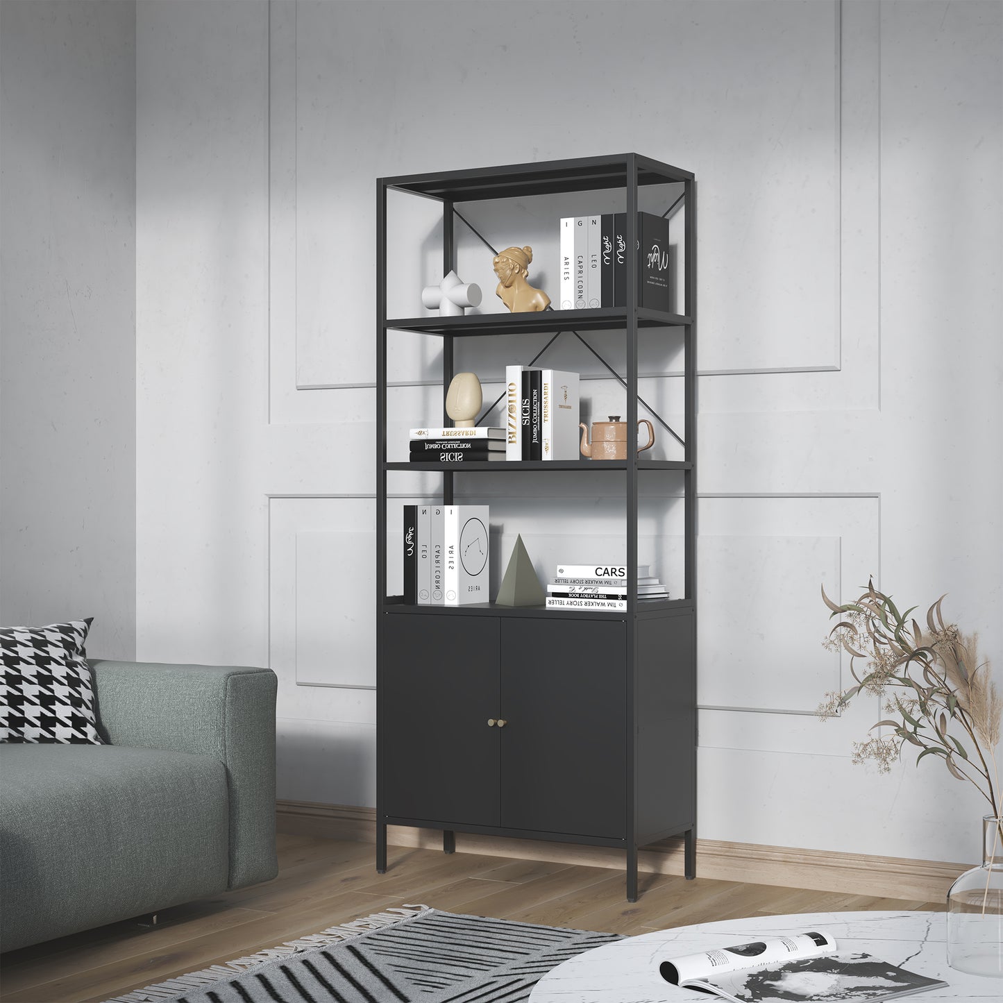 Benson 71.25-inch Black Two Door Storage Cabinet with Open and Closed Shelving