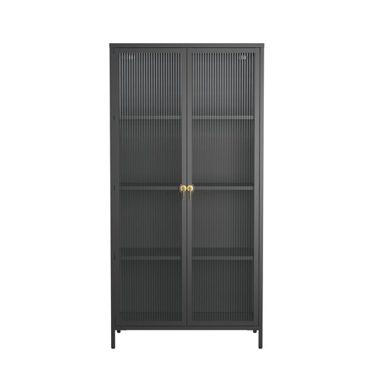 Benoite 63.05-inch Black Two Door Storage Cabinet with Fluted Clear Doors and Gold Handles