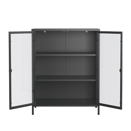 Benoite 40.04-inch Black Two Door Storage Cabinet with Fluted Clear Doors and Gold Handles