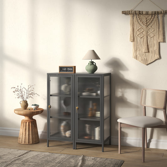 Benoite 40.02-inch Black One Door Storage Cabinet with Fluted Clear Door and Gold Handle