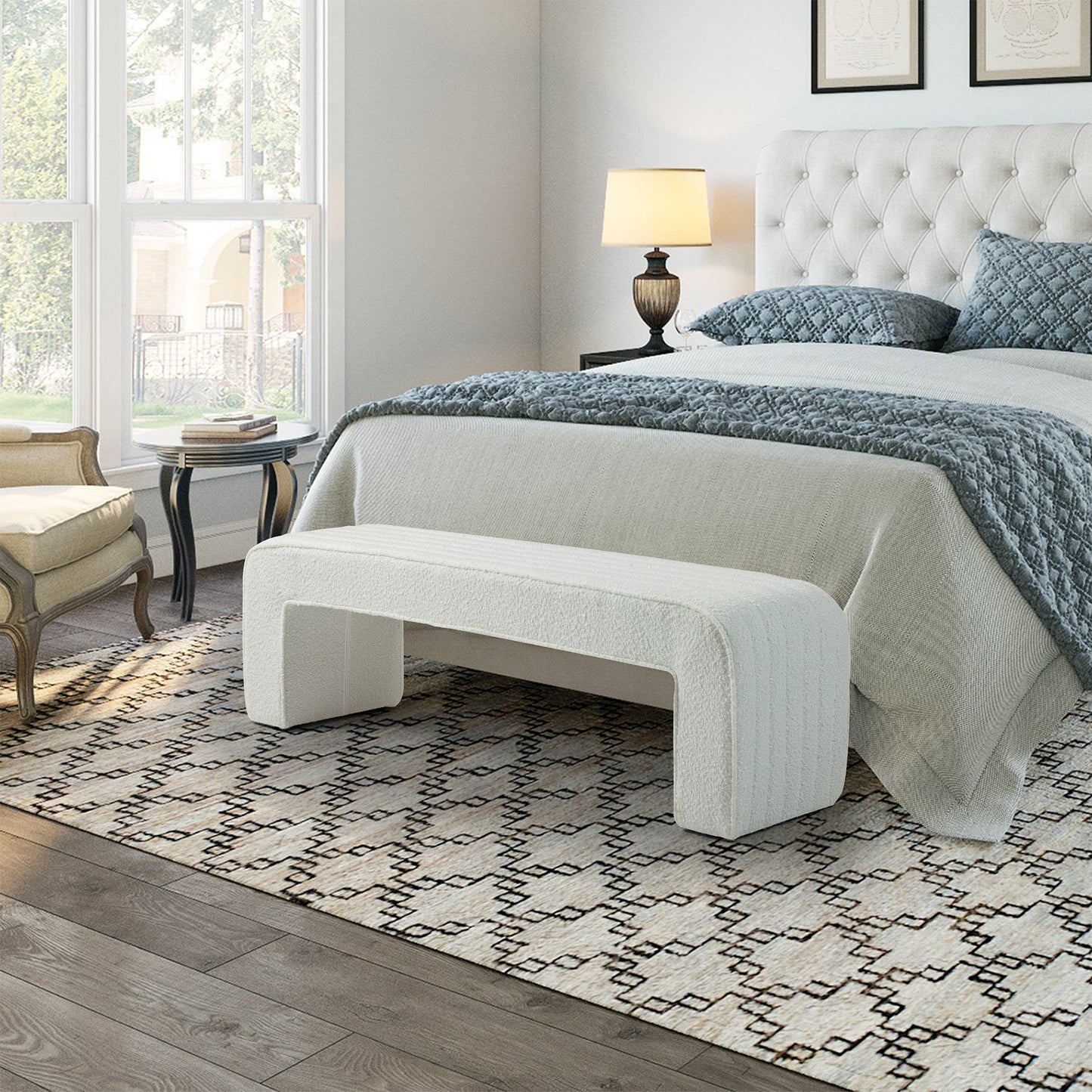 Benicia White Boucle Upholstered Fabric Tufted Bench