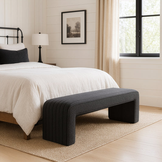 Benicia Gray Boucle Upholstered Fabric Tufted Bench