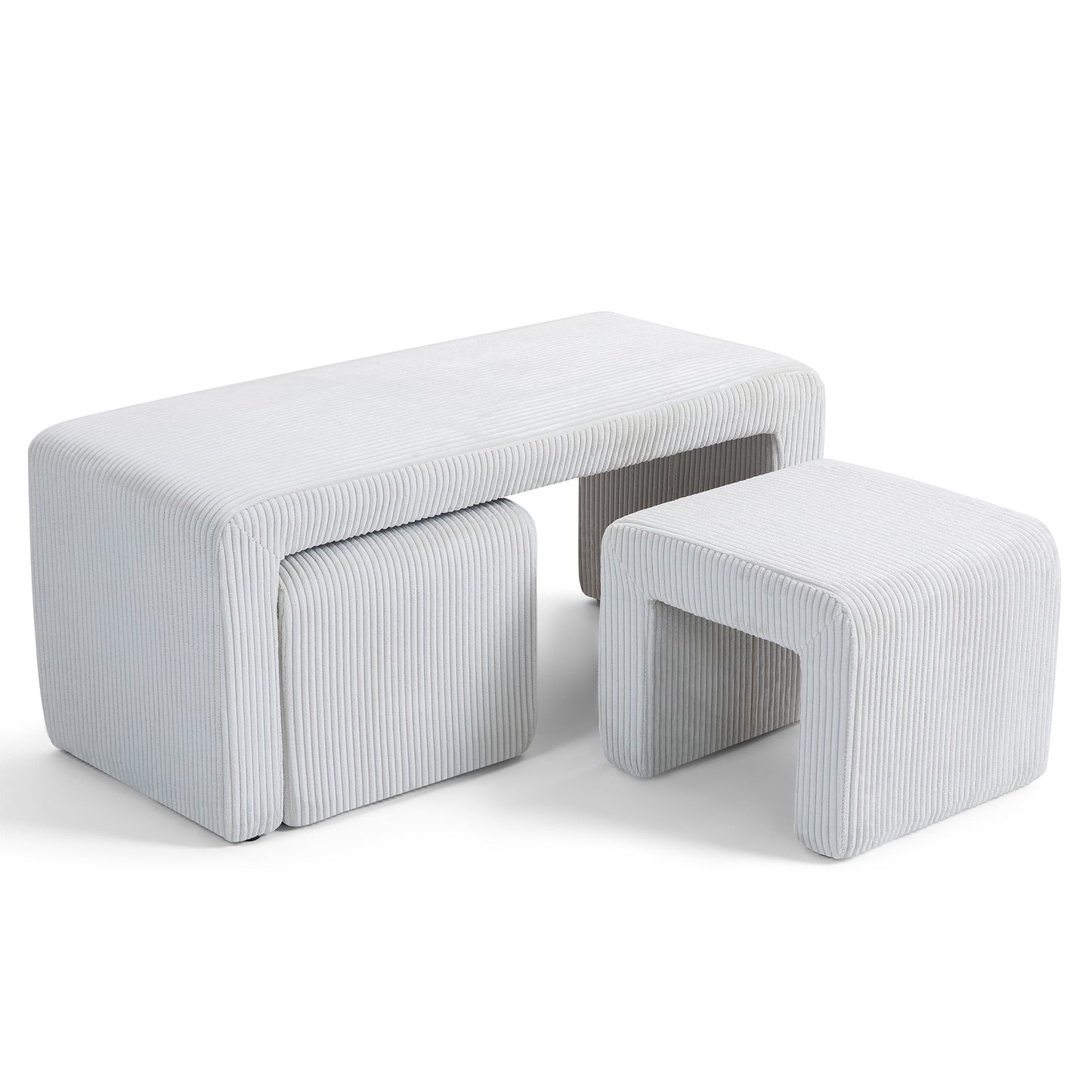Belgin Beige Corduroy Velvet Fabric Bench with Ottomans