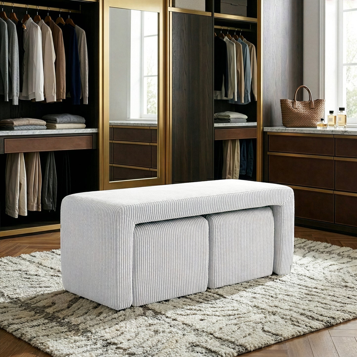 Belgin Beige Corduroy Velvet Fabric Bench with Ottomans