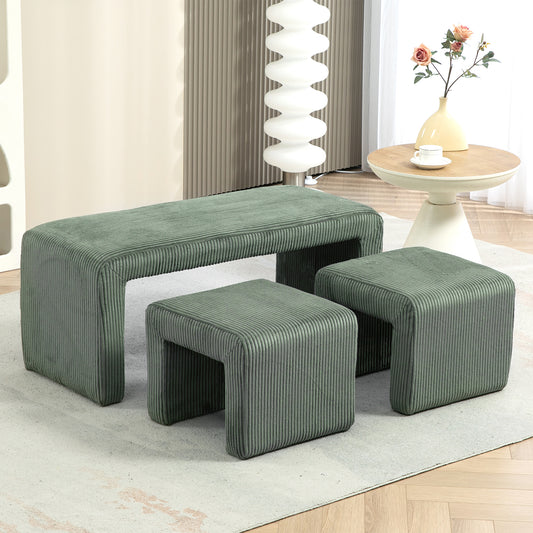 Belgin Green Corduroy Velvet Fabric Bench with Ottomans