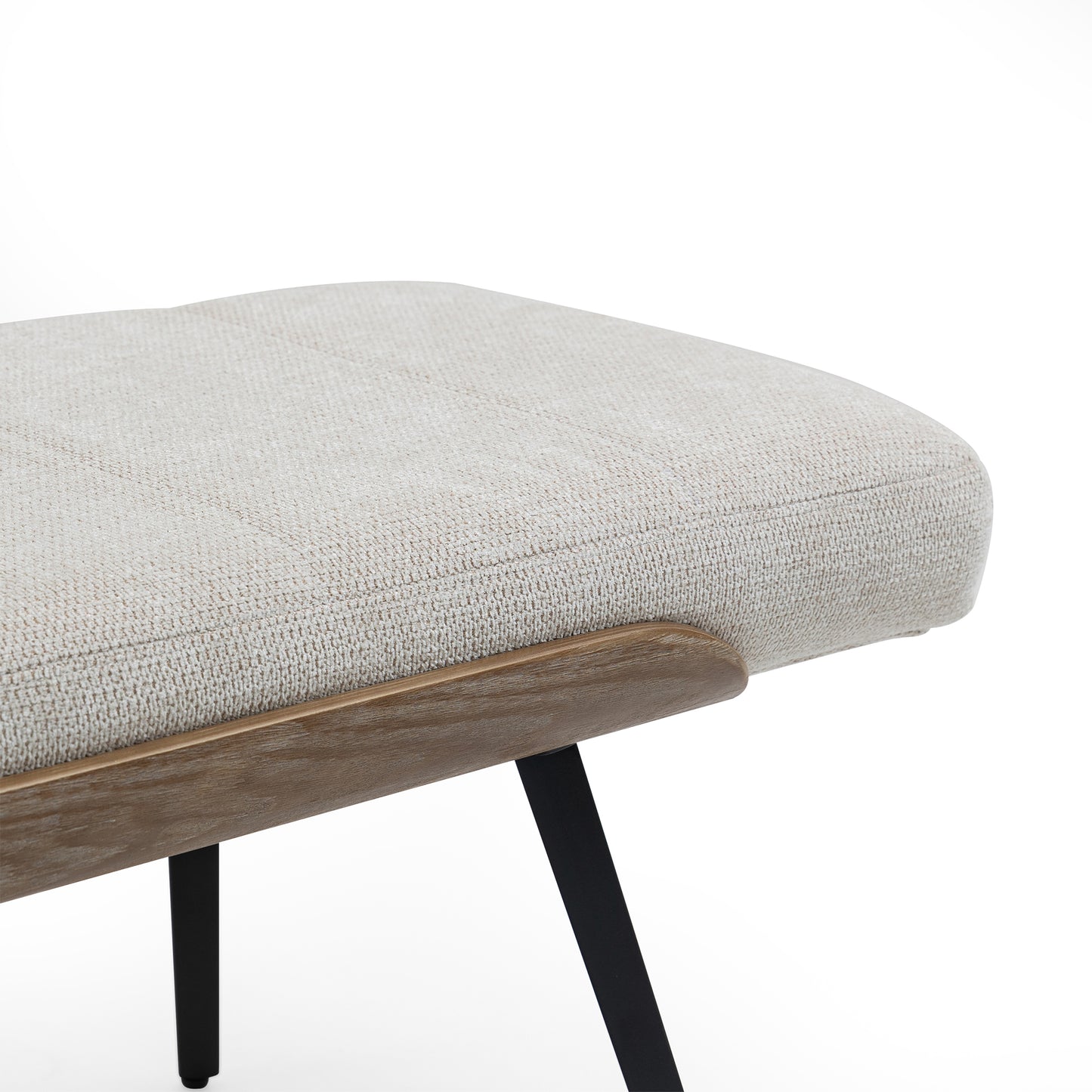 Bevin Beige Washed Woven Fabric Bench with White Washed Wood Accents and Black Iron Legs