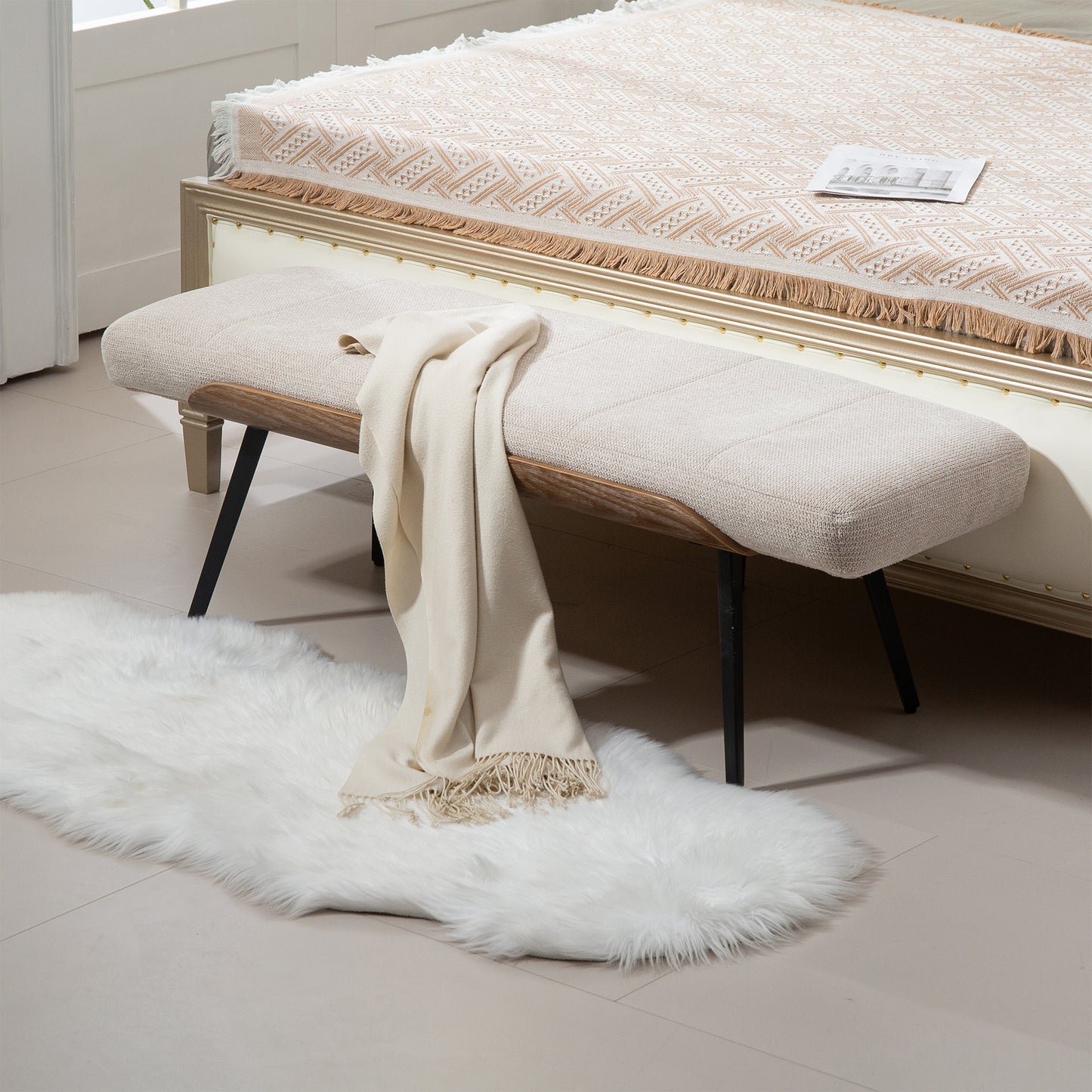 Bevin Beige Washed Woven Fabric Bench with White Washed Wood Accents and Black Iron Legs