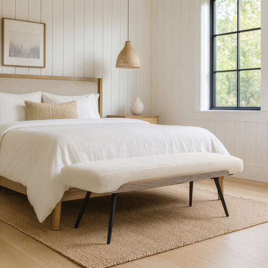 Bevin Beige Washed Woven Fabric Bench with White Washed Wood Accents and Black Iron Legs