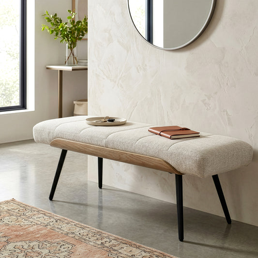 Bevin Beige Washed Woven Fabric Bench with White Washed Wood Accents and Black Iron Legs