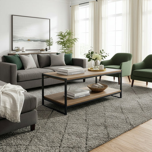 Ailis Brown Pine Wood Black Metal Frame Coffee Table