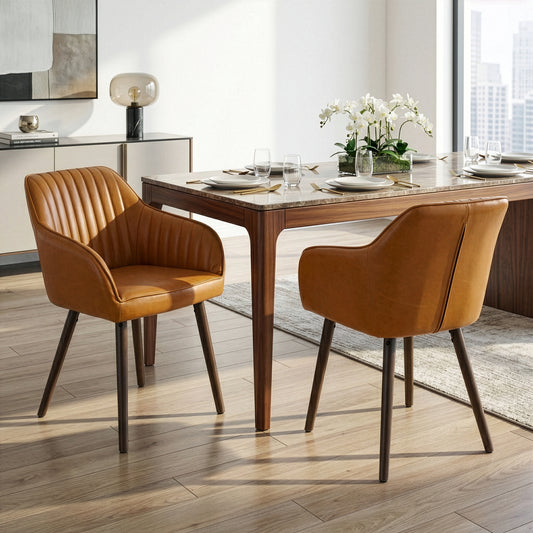 Set of 2 Alaura Arm Chair in Caramel Brown Faux Leather with Beech Legs