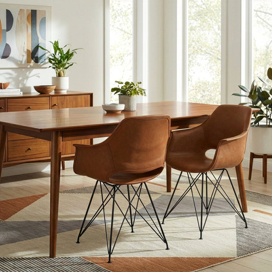 Set of 2 Alora Retro Modern Caramel Brown Arm Chair with Black Steel Legs