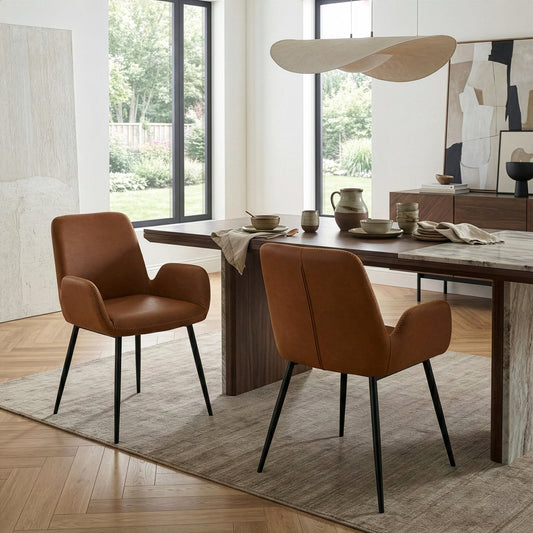 Set of 2 Alrik Caramel Brown Arm Chair with Zigzag Stitching and Black Steel Legs