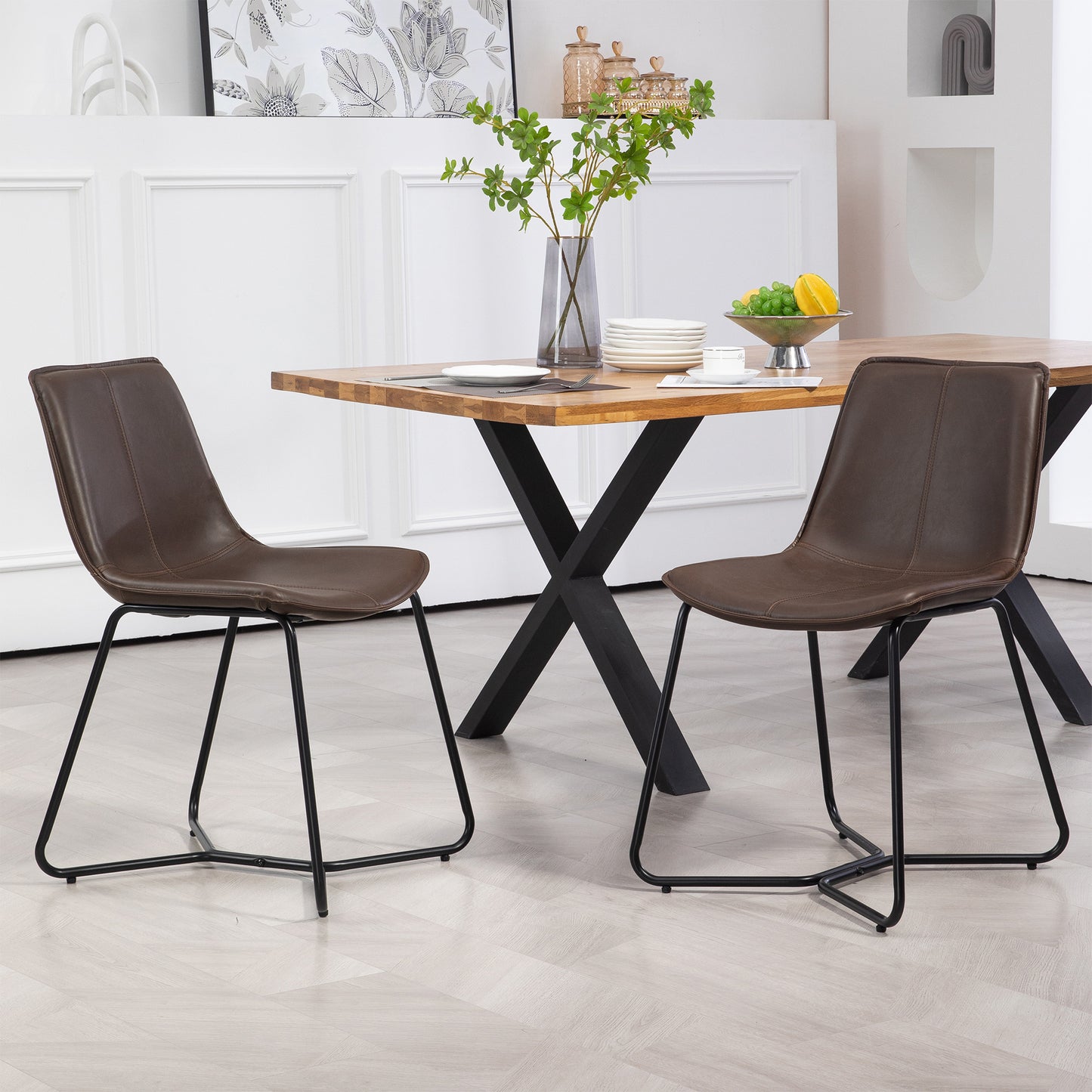 Set of 2 Amery Iron Frame Vintage Brown Faux Leather Dining Chair