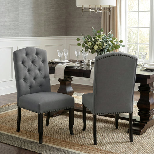 Set of 2 Aleeya Grey Fabric Dining Chair with Tufted Buttons and Nail Head Accent