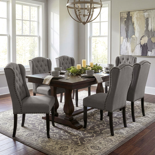 Set of 2 Alen Grey Fabric Dining Chair Wing Chair with Tufted Buttons and Nail Heads