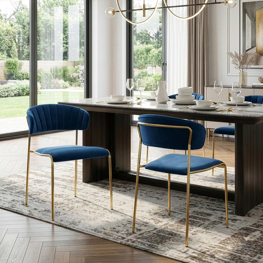 Set of 2 Andre Blue Velvet Dining Chair with Golden Metal Legs and Decorative Stitching
