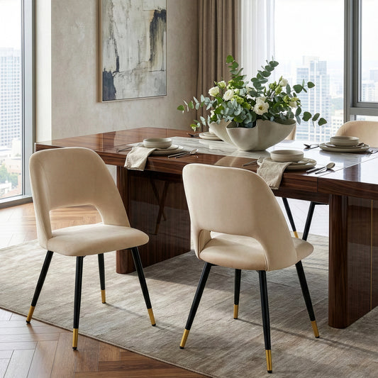 Set of 2 Ania Beige Velvet Dining Chair with Golden Accented Metal Legs