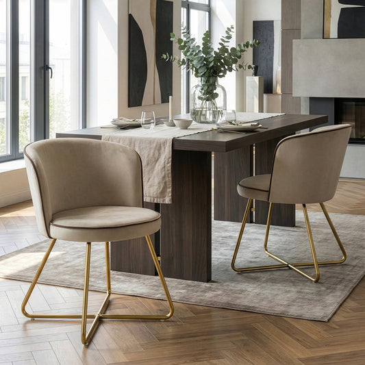 Set of 2 Anila Beige Velvet Dining Chair with Contrasting Piping and Golden Metal Legs