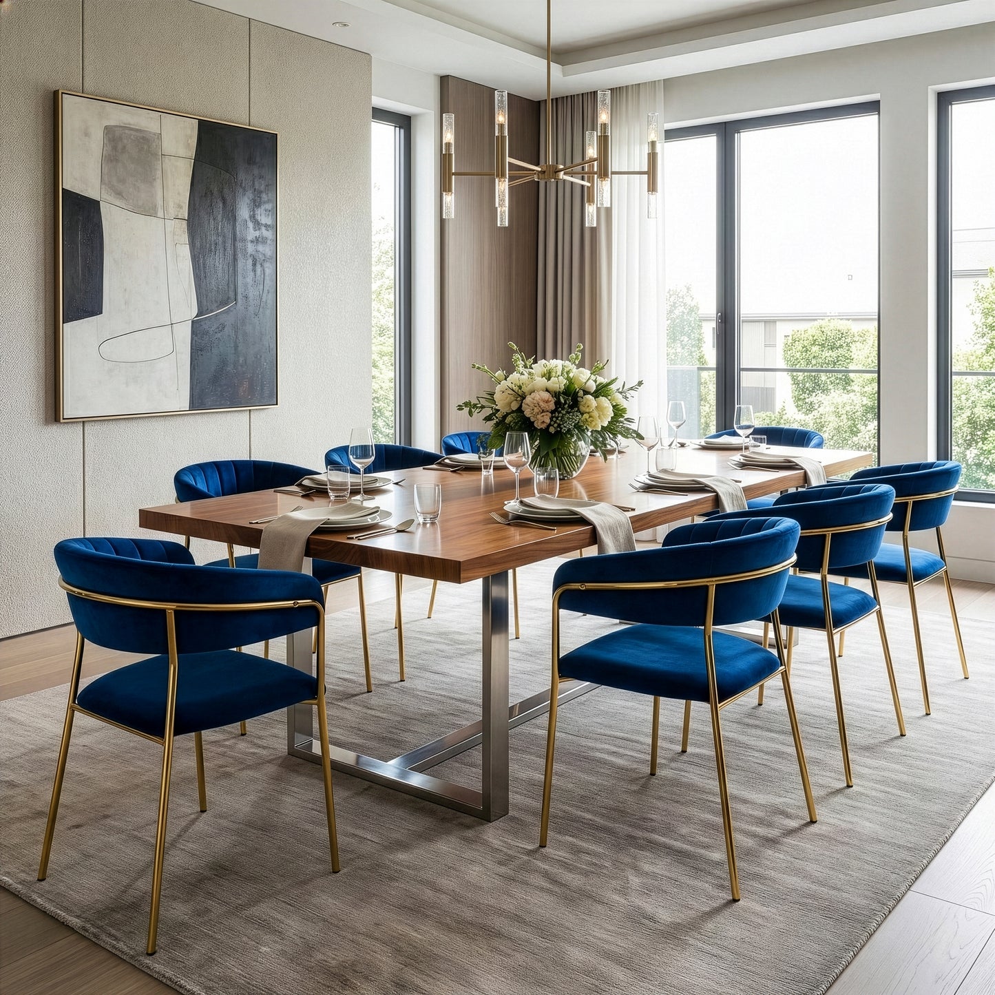 Set of 2 Anya Blue Velvet Arm Chair with Golden Metal Legs