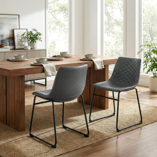 Set of 2 Ave Iron Frame Gray Faux Leather Dining Chair with Stitching